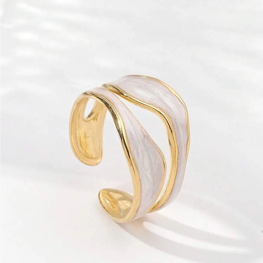 Elegant Gold and White Wave Cuff Ring
